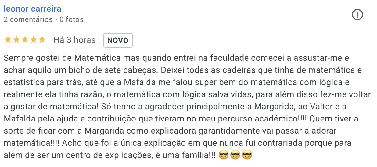 Avaliacao Google 5 estrelas de Leonor Carreira: voltou a gostar de matematica na faculdade gracas a Matematica com Logica.